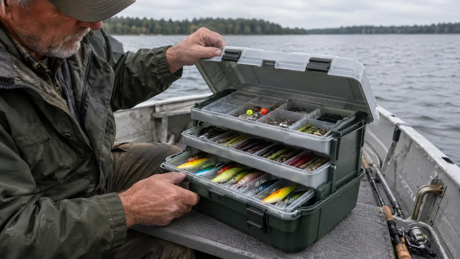 A hand opening a three-tray tackle box on the seat of a small aluminum boat, trays slid out with hooks and lures in the compartments