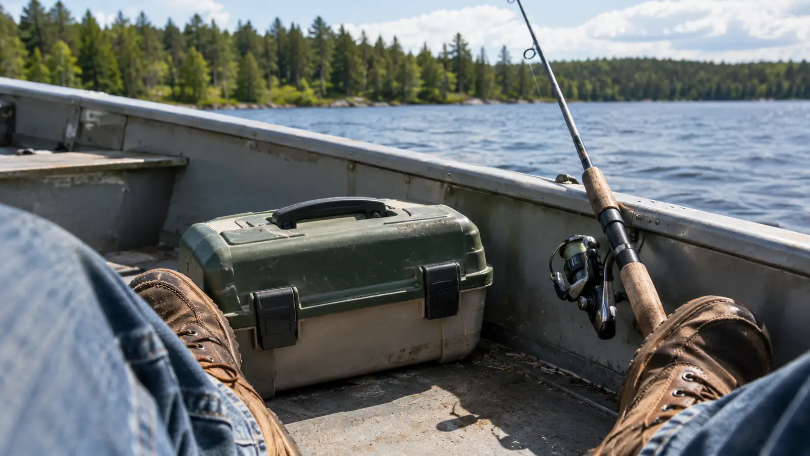 A tackle box sitting on the floor of a small aluminum boat between a man's boots, a fishing rod leaning against the side