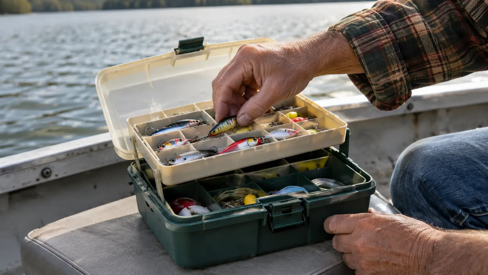 A hand reaching into an open tackle box tray on a boat seat