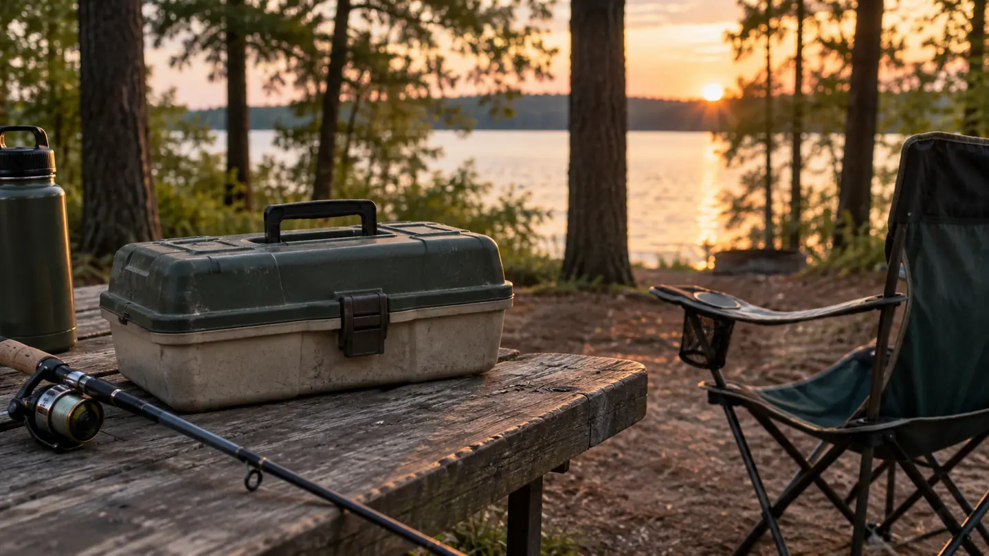 Tackle box on a weathered picnic table at a campsite near a lake in evening light