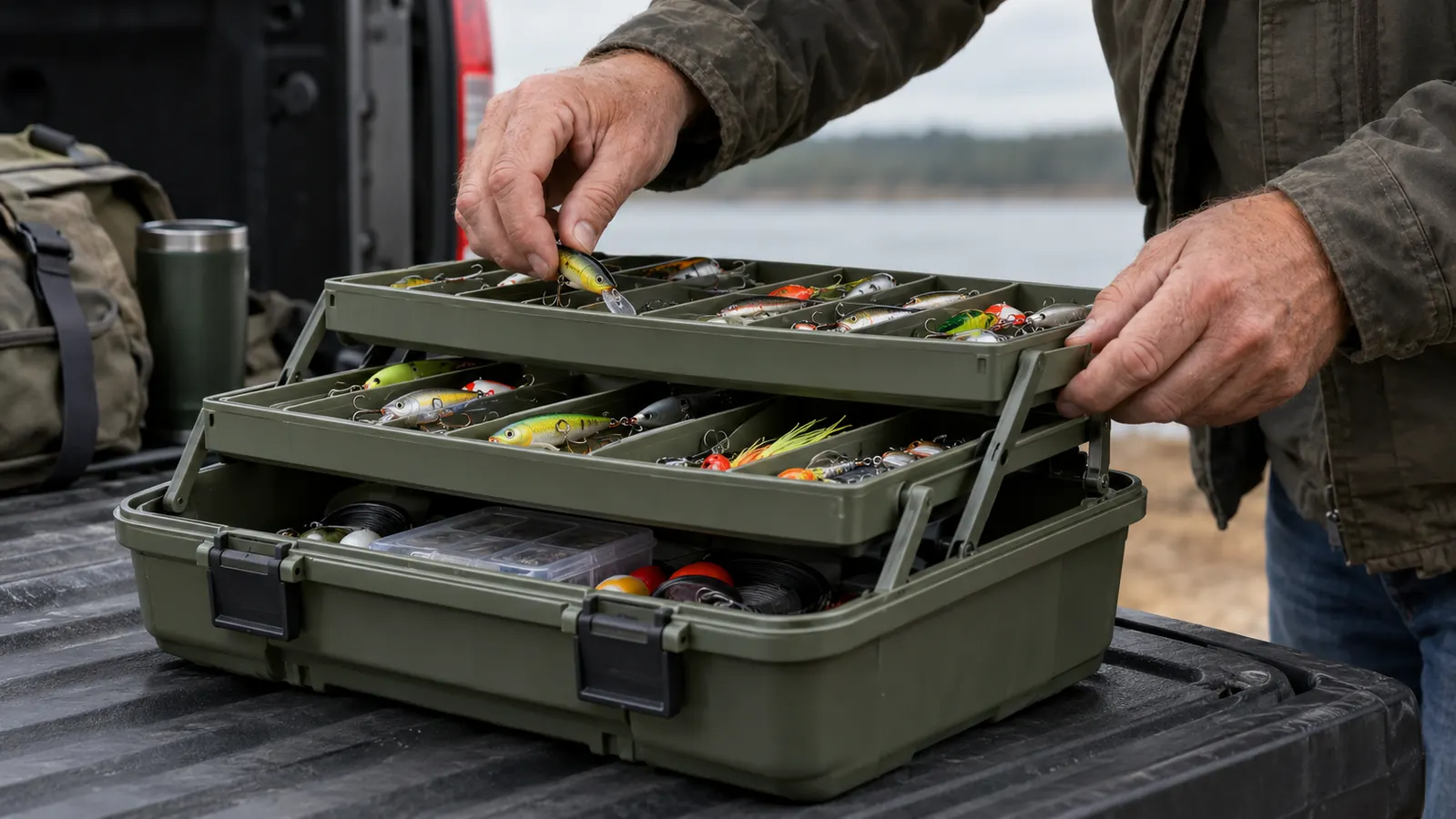 A man's hands sorting lures into the open top tray of a tackle box resting on a pickup tailgate