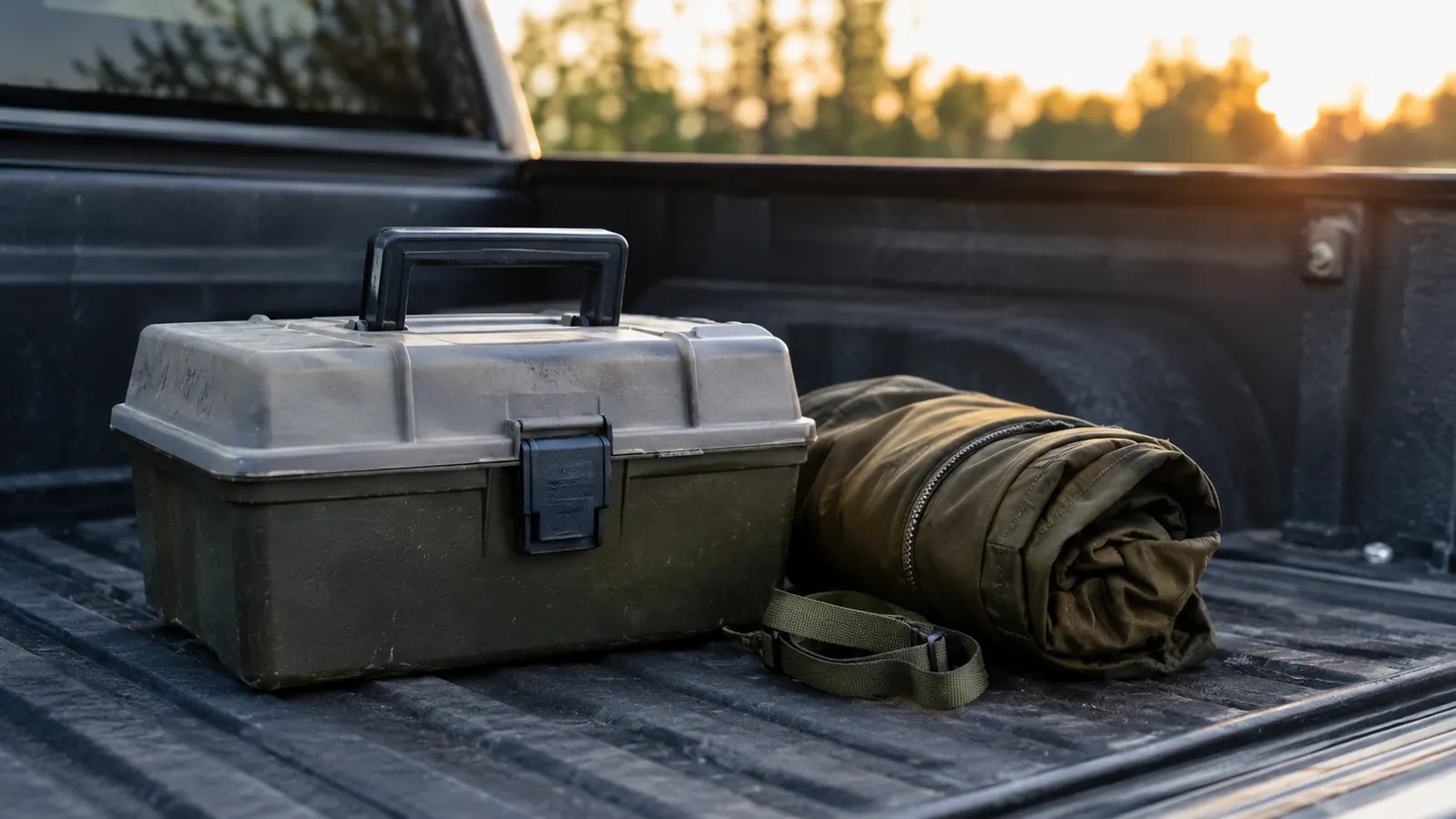 A tackle box sitting in the bed cap of a pickup truck beside a rolled jacket
