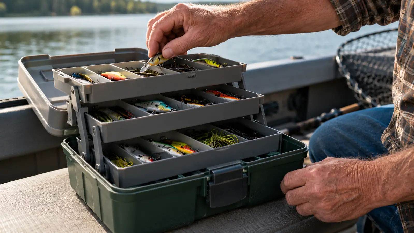 A hand reaching into an open tackle box to pick a lure from a compartment
