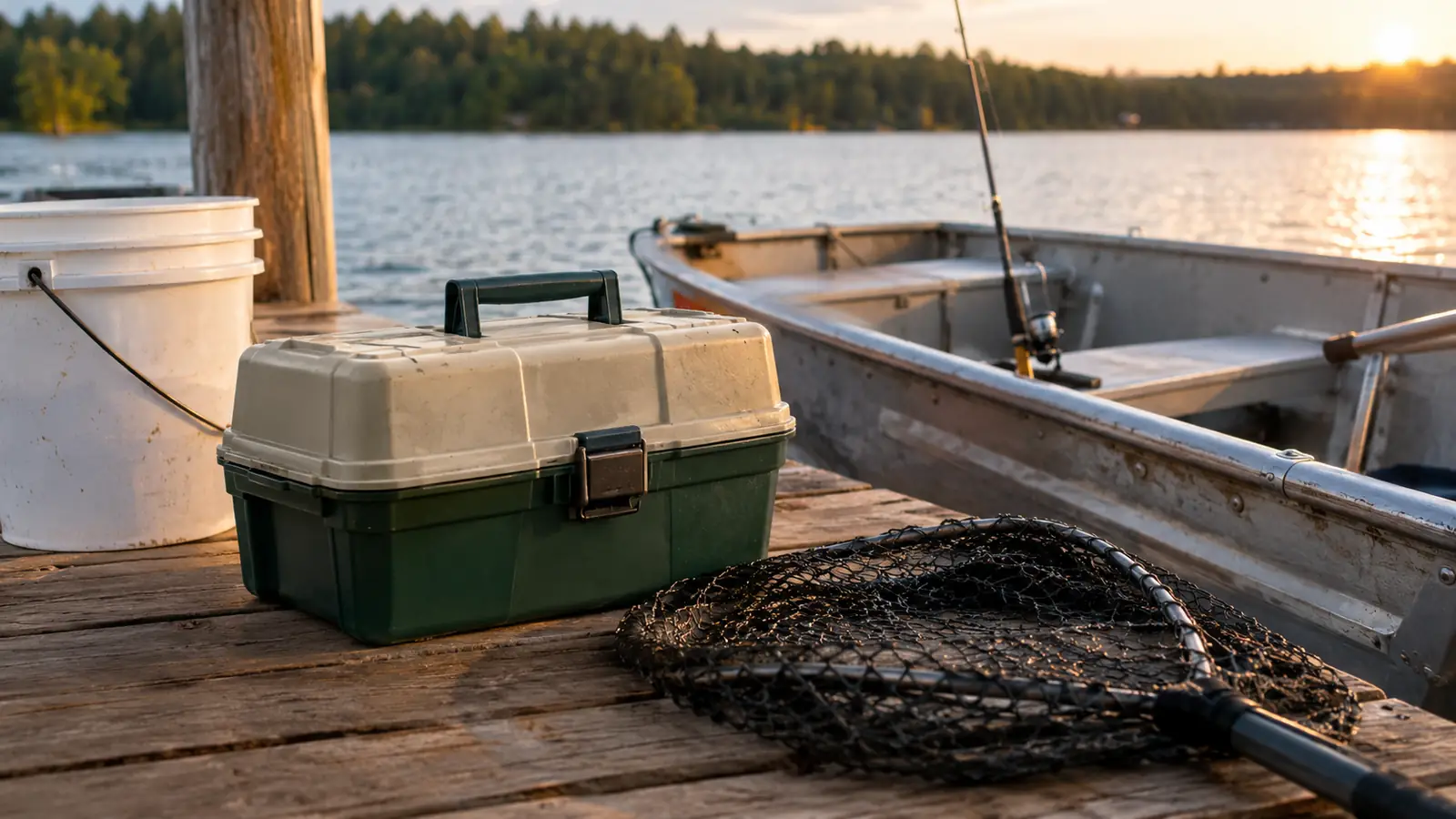 Tackle box on a wooden dock next to a landing net and a bucket